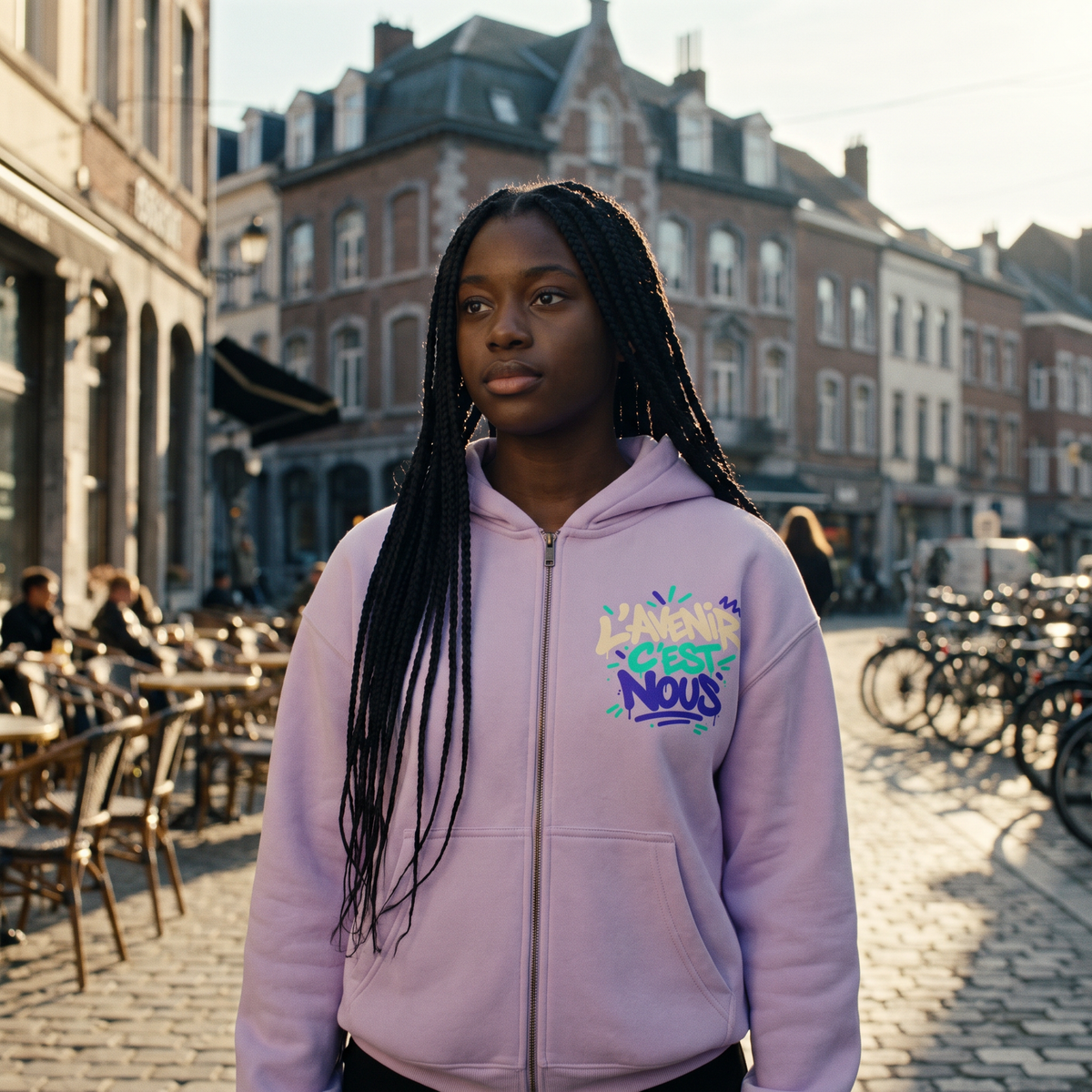 Lycéenne portant le hoodie zippé Gen Z lilas dans une rue de Liège – hoodie Gen Z