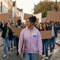 Lycéenne en manifestation pacifique avec le hoodie zippé Gen Z lilas