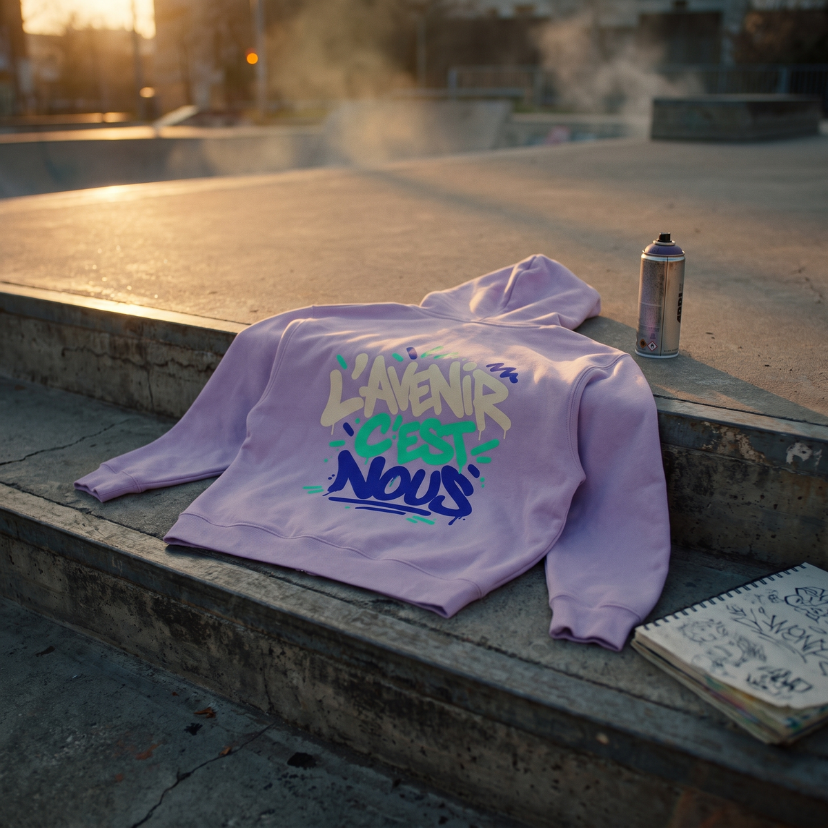 Hoodie zippé Gen Z lilas posé sur les marches d'un skatepark – CHT'M Boutique