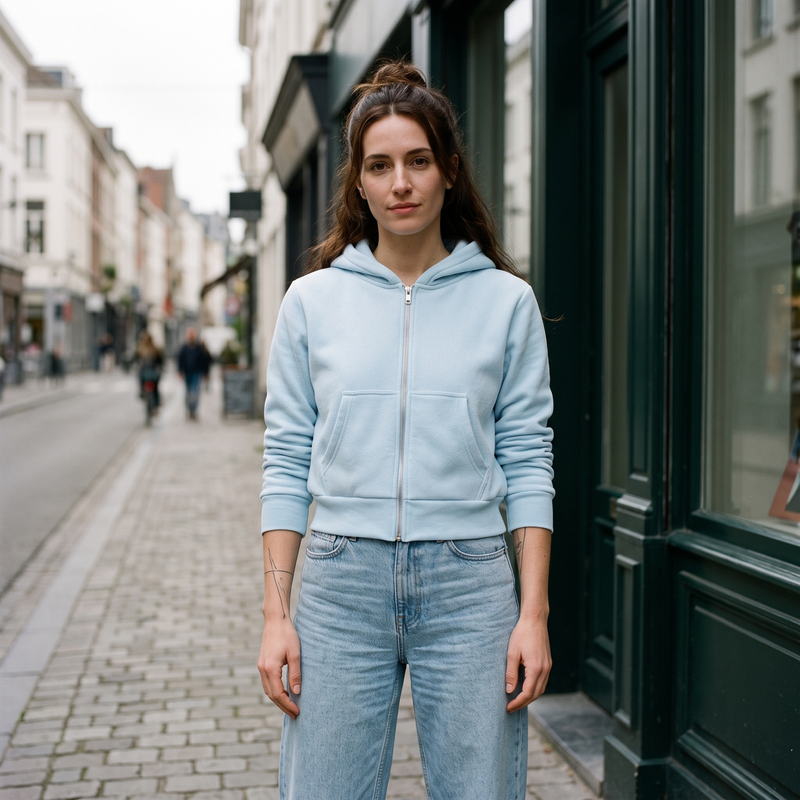 Hoodie zippé femme molletonné original bleu ciel — look streetwear porté en ville en Belgique, CHT'M Boutique