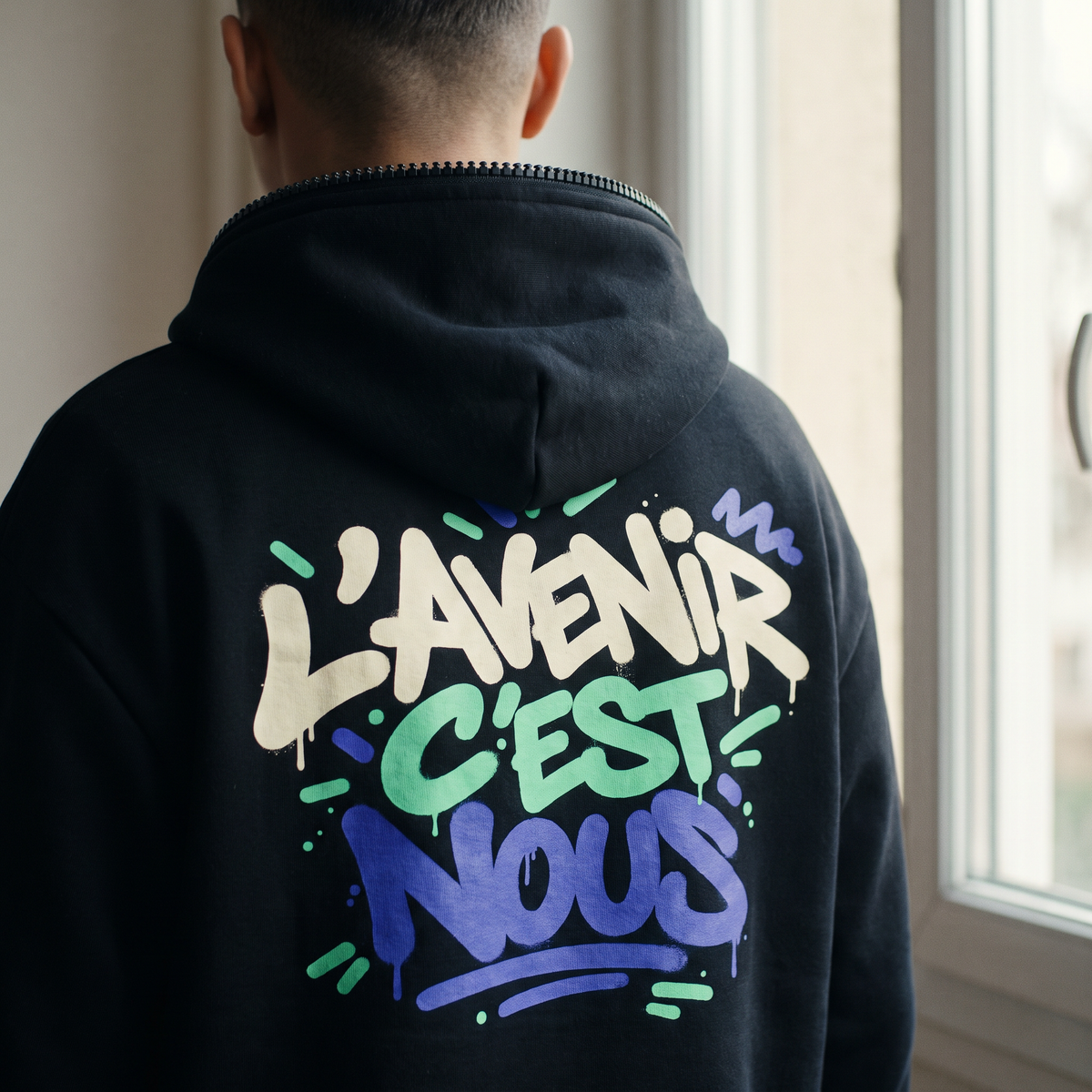 Gros plan du print sur le hoodie zippé Gen Z « L'avenir c'est nous » noir porté