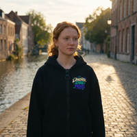 Lycéenne portant le hoodie zippé Gen Z « L'avenir c'est nous » noir dans la rue – sweat Gen Z pas cher
