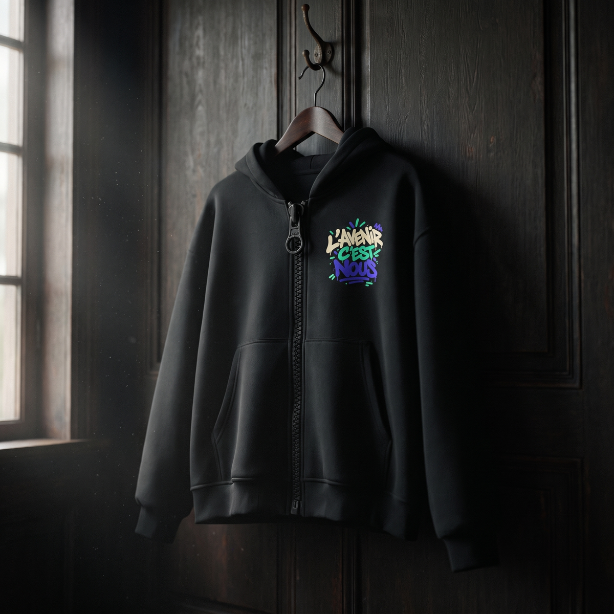 hoodie zippé Gen Z « L'avenir c'est nous » noir suspendu sur un cintre en bois – sweat Gen Z original CHT'M
