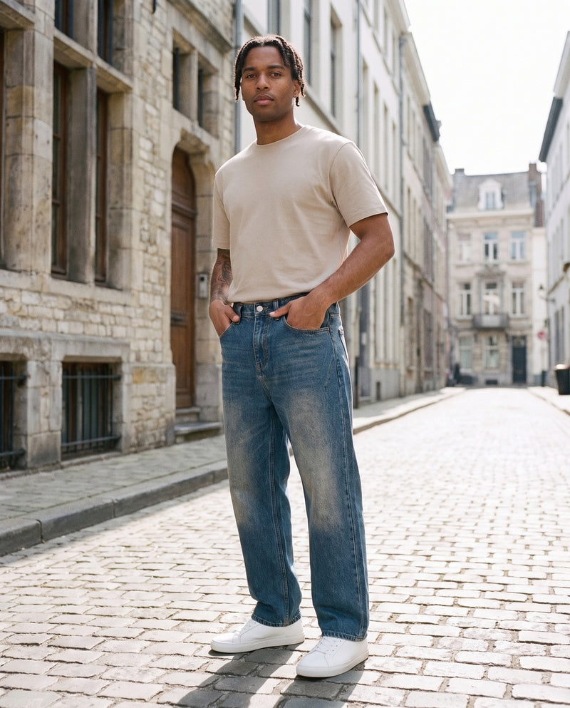 Jean droit bleu délavé vintage CHT'M porté en ville — denim loose unisexe