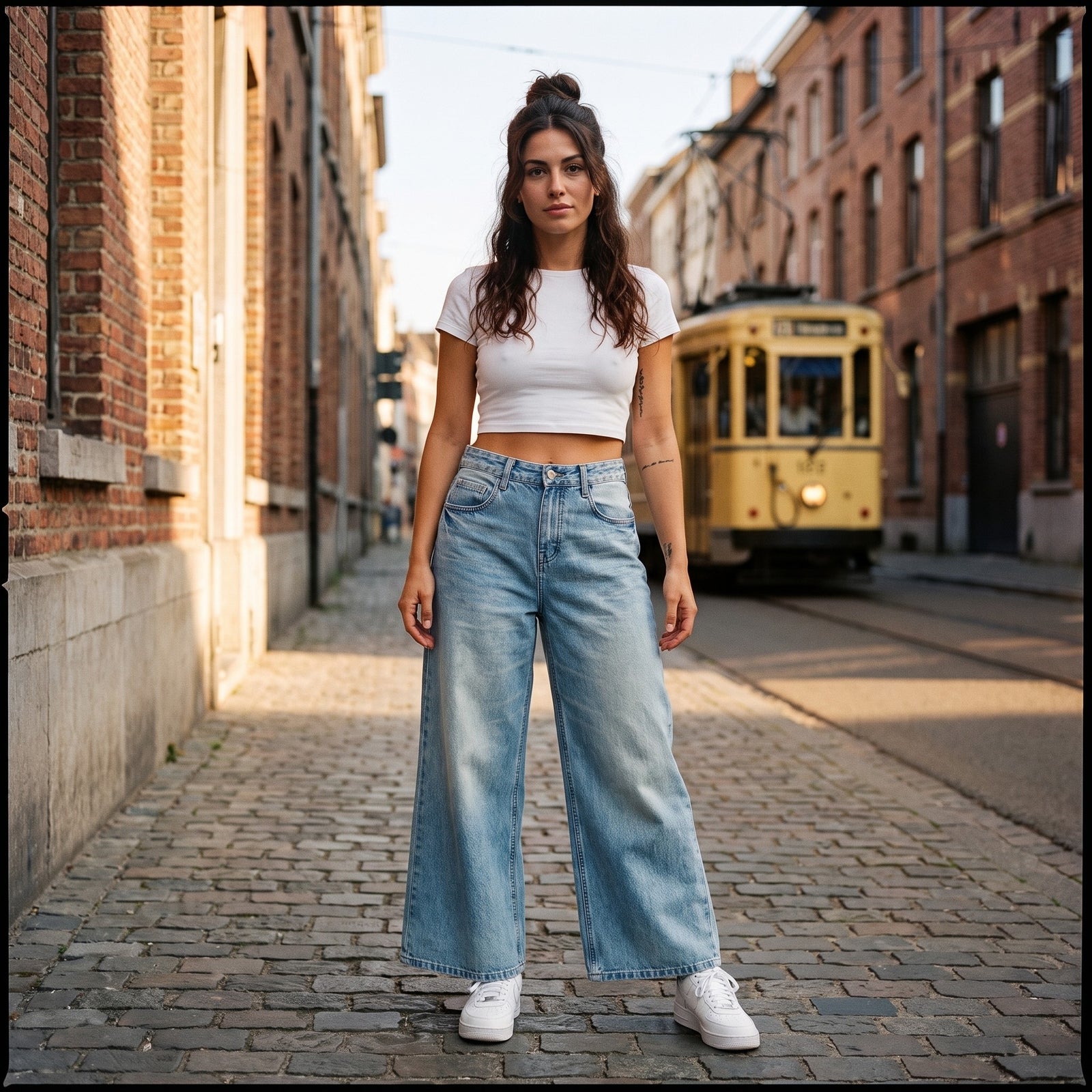 Jean large femme original bleu délavé porté en ville, look streetwear belge