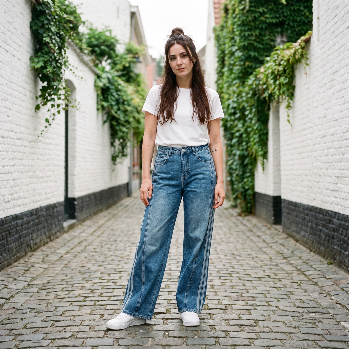 Jean large femme taille haute original bleu jean — look streetwear porté en ville en Belgique, CHT'M Boutique