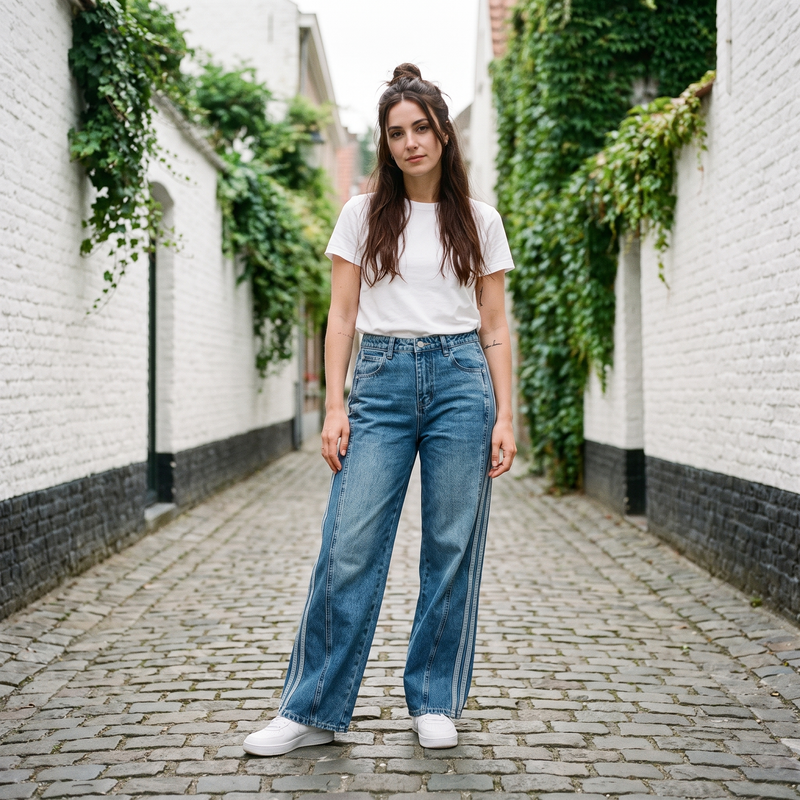 Jean large femme taille haute original bleu jean — look streetwear porté en ville en Belgique, CHT'M Boutique