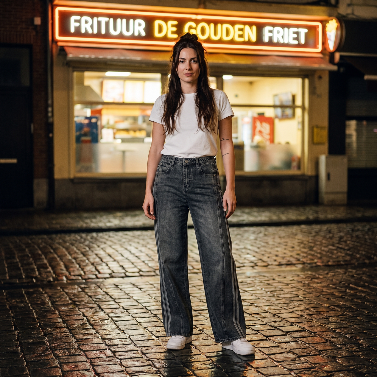Jean large femme taille haute original noir délavé — look streetwear porté en ville en Belgique, CHT'M Boutique