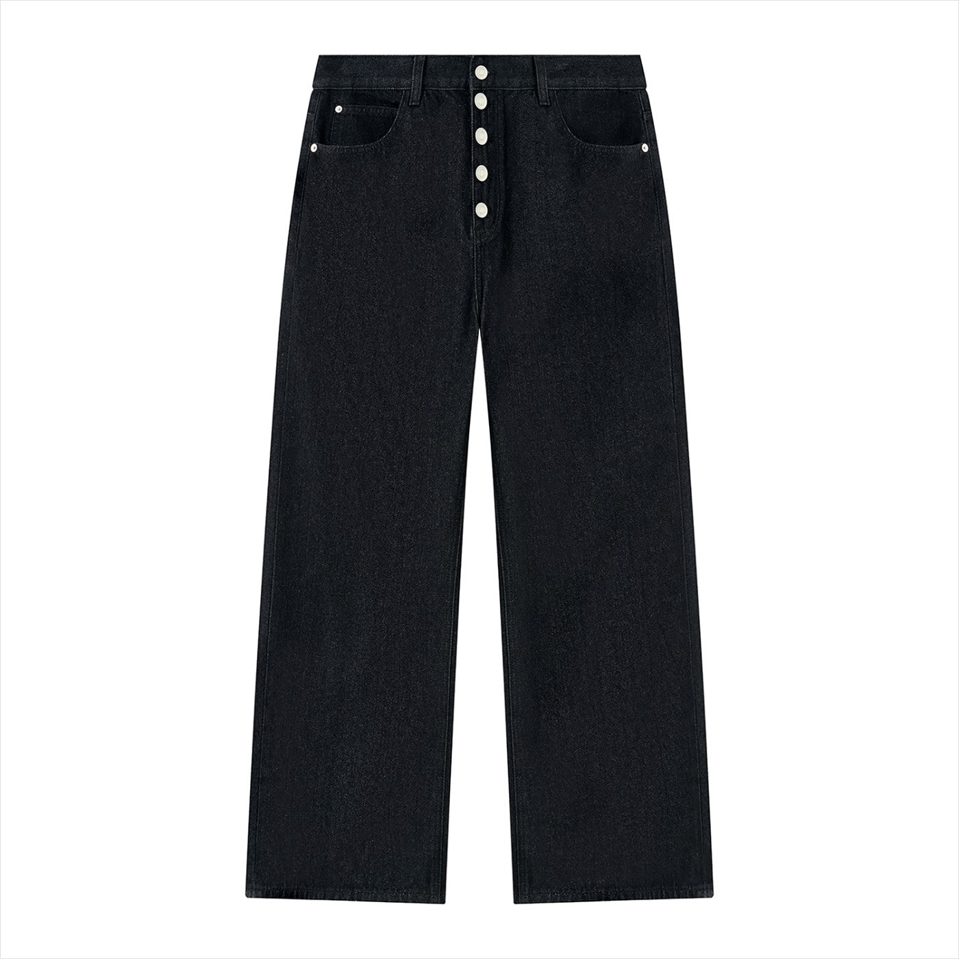 Jean wide leg noir délavé vintage vu de face, braguette boutonnée
