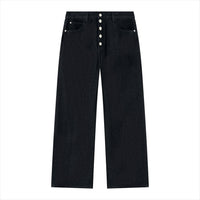 Jean wide leg noir délavé vintage vu de face, braguette boutonnée