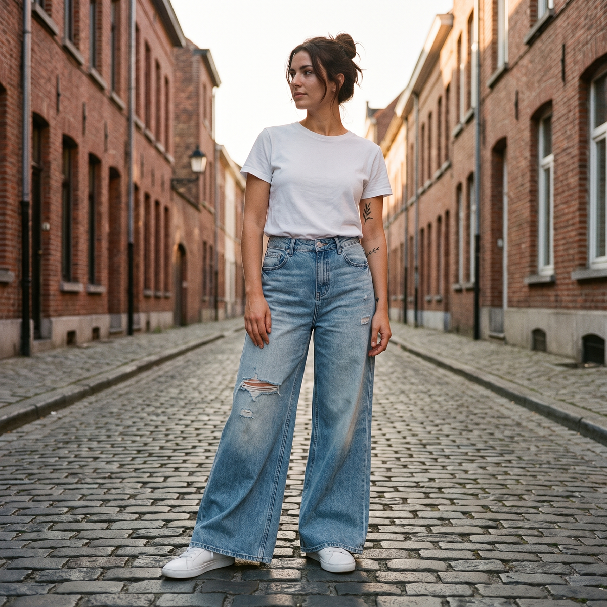 Jean wide leg femme déchiré original bleu clair — look streetwear porté en ville en Belgique, CHT'M Boutique