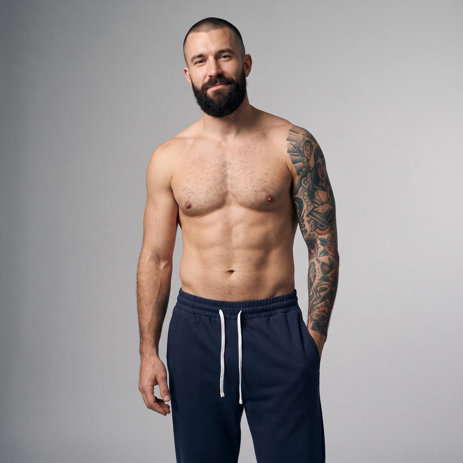 Homme portant le jogging original CHT'M bleu marine, photo studio streetwear
