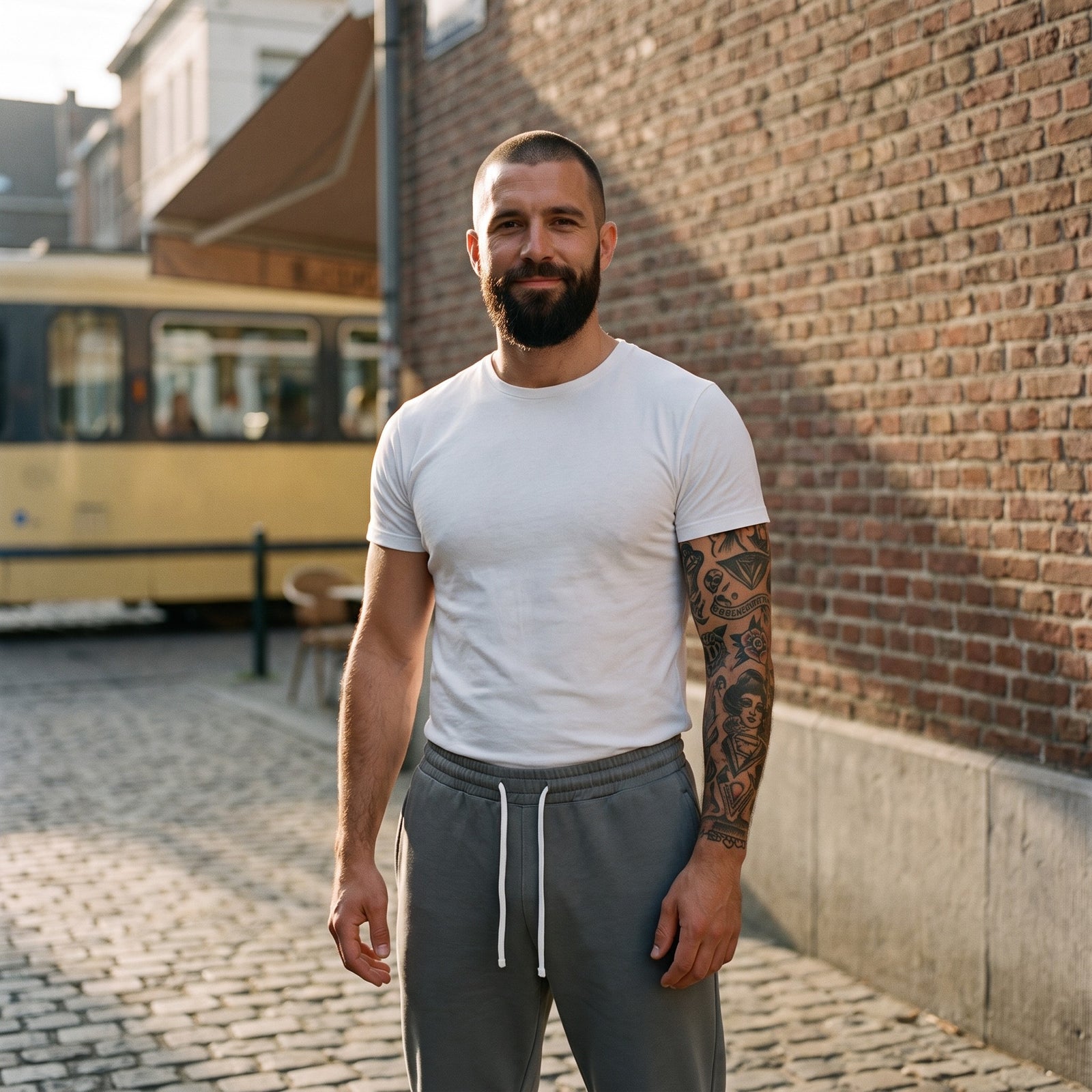 Homme portant le jogging original CHT'M gris, ambiance streetwear urbaine