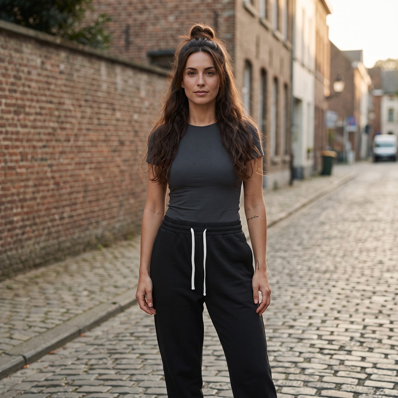 Femme portant le jogging original CHT'M noir, ambiance streetwear urbaine