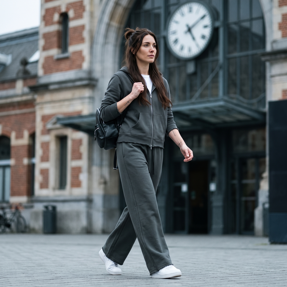 Femme portant le jogging large gris foncé devant une gare belge