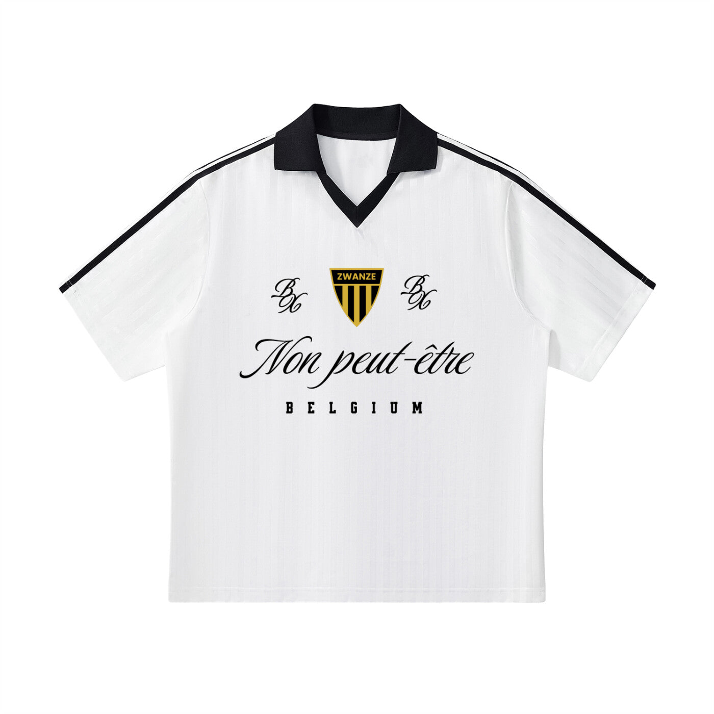 Maillot de foot streetwear original Non Peut-Être Bruxelles, vue de face à plat