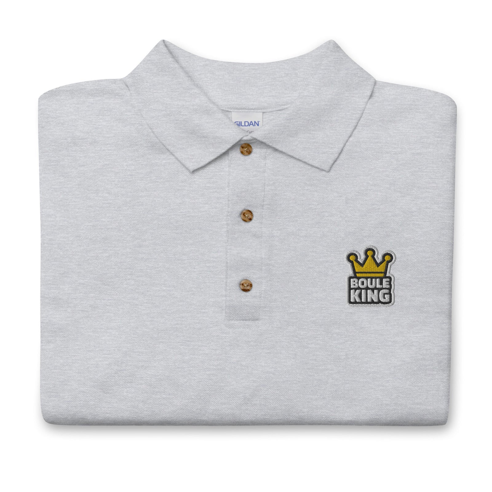 Polo de pétanque original Boule King gris sport plié, broderie poitrine
