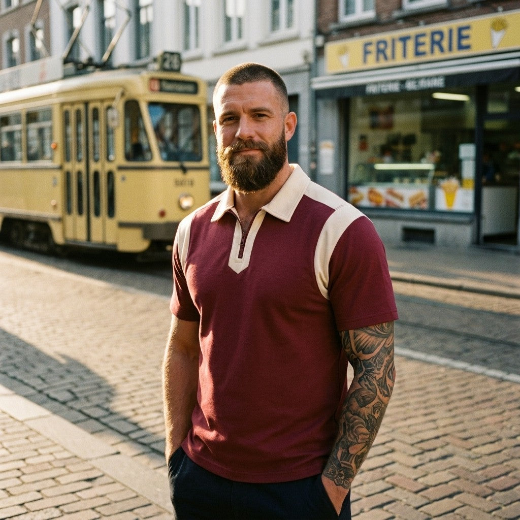 Homme portant le polo zippé colorblock original CHT'M en rue, coloris bordeaux et abricot