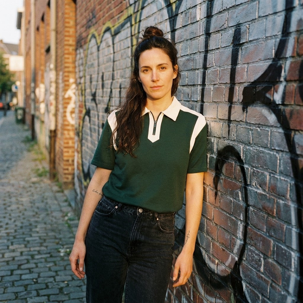 Femme portant le polo zippé colorblock original CHT'M en rue, coloris vert foncé et abricot