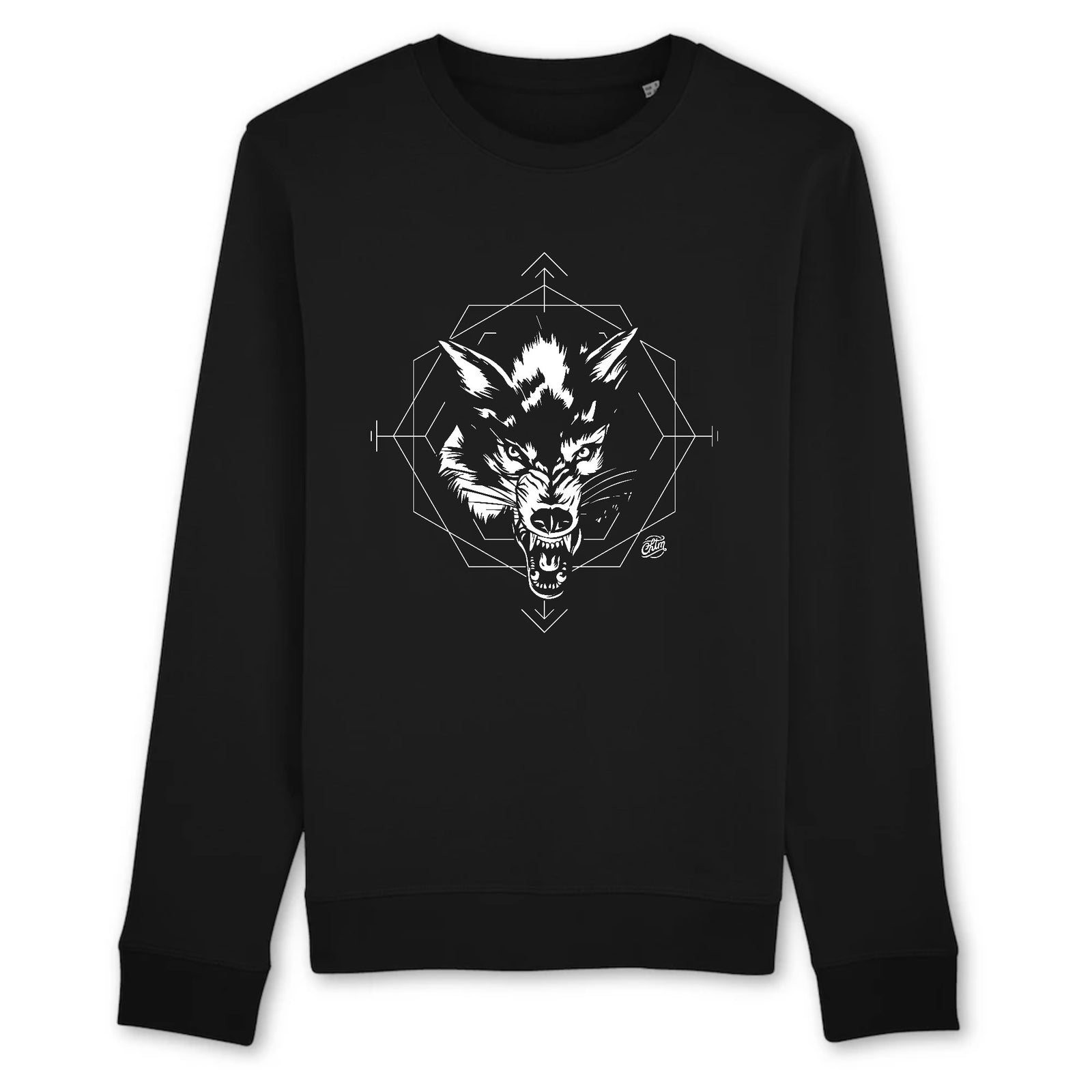 Pull tête de loup original noir en coton bio, design loup géométrique blanc — CHT'M Boutique