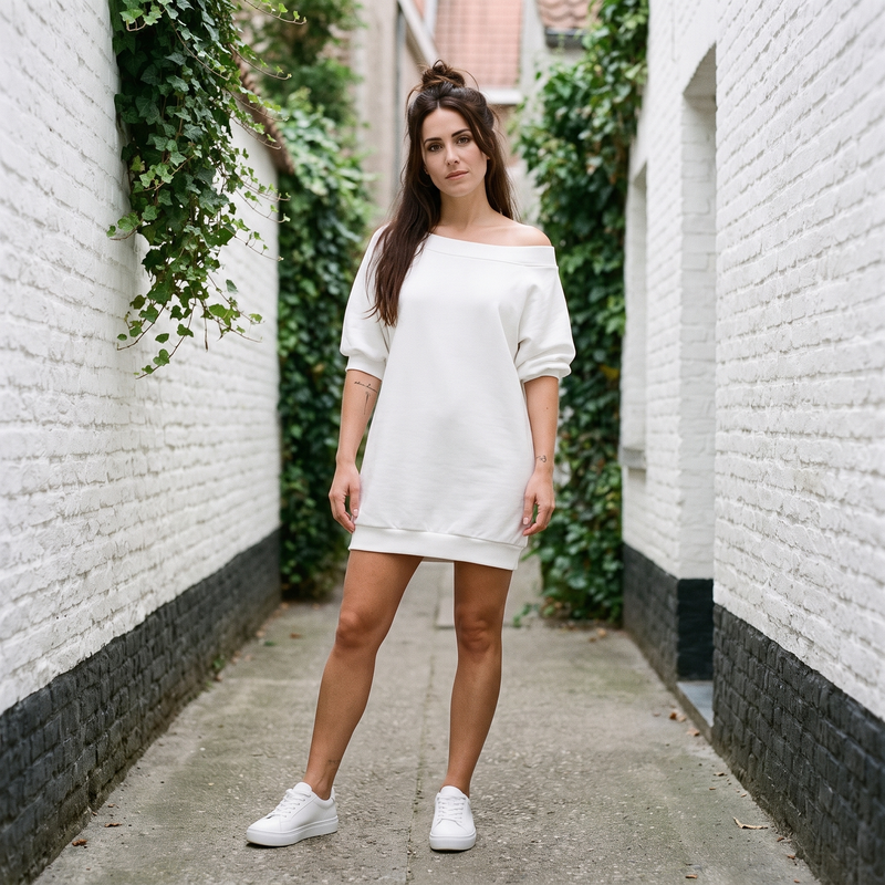 Robe sweat épaules dénudées femme originale blanc — look streetwear porté en ville en Belgique, CHT'M Boutique