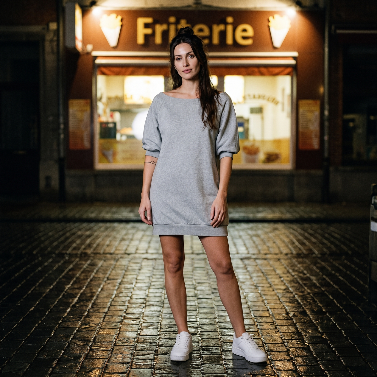 Robe sweat épaules dénudées femme originale gris chiné — look streetwear porté en ville en Belgique, CHT'M Boutique