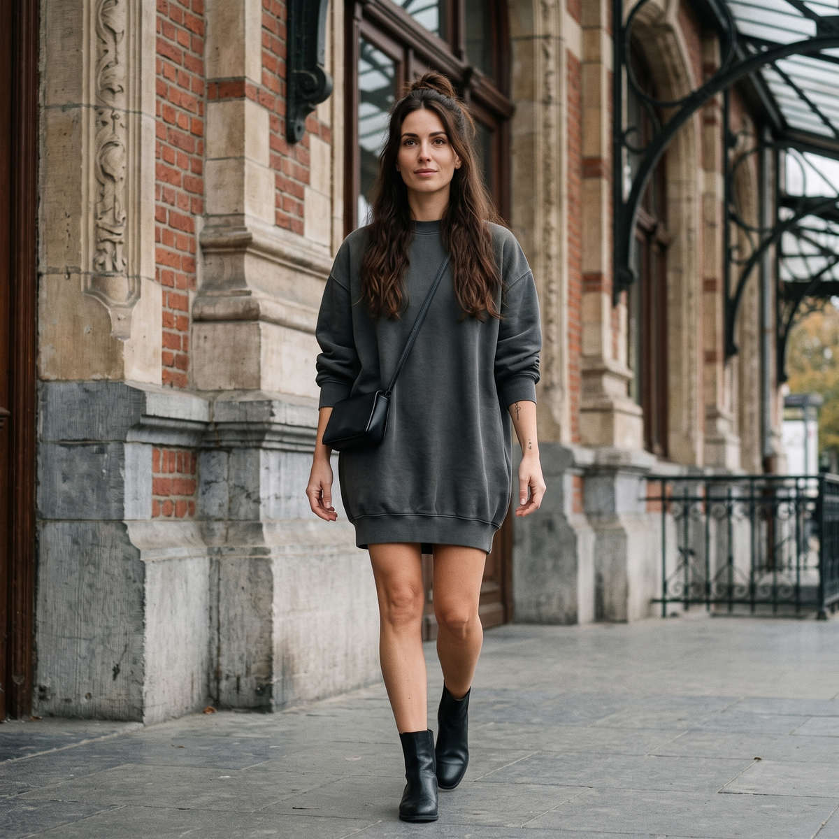 Femme portant la robe sweat oversize délavée gris foncé devant une gare belge