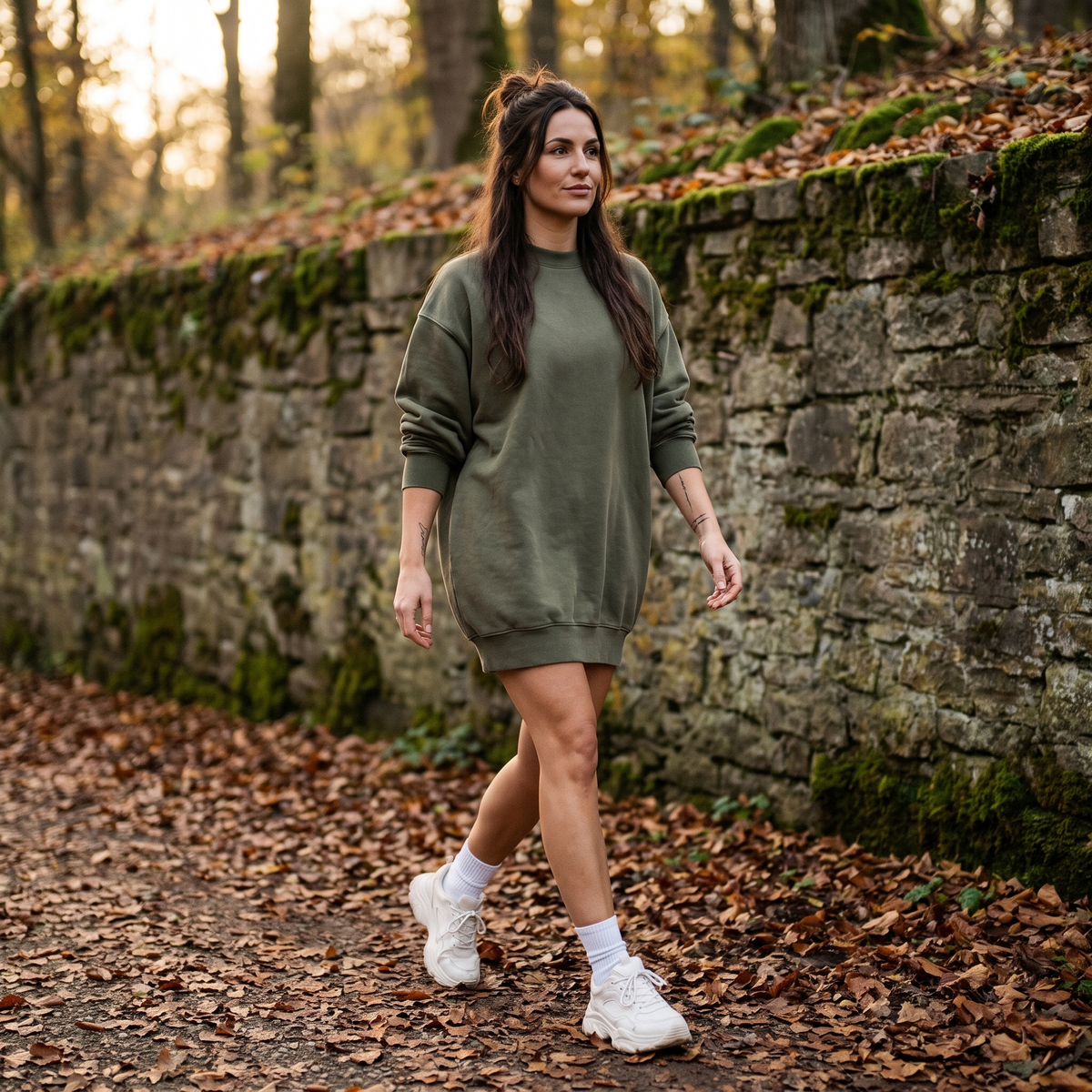 Femme portant la robe sweat oversize délavée kaki dans un parc en automne