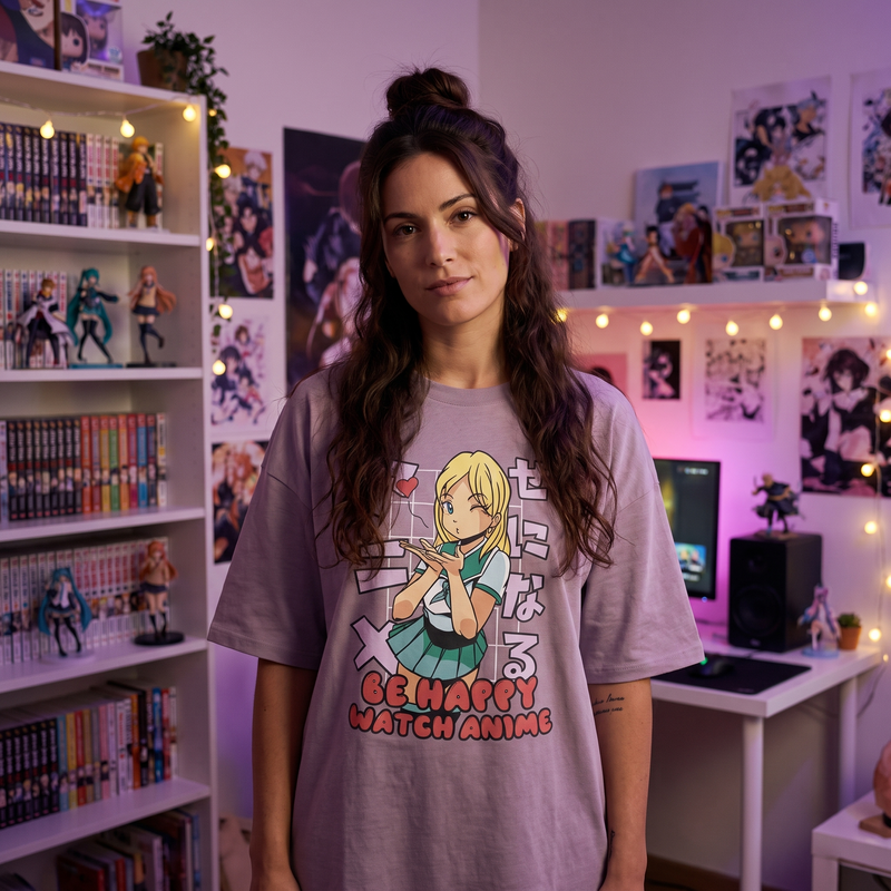 Femme portant la robe t-shirt oversize lilas CHT'M avec illustration anime kawaii et inscription Be Happy Watch Anime, dans une chambre otaku cosy