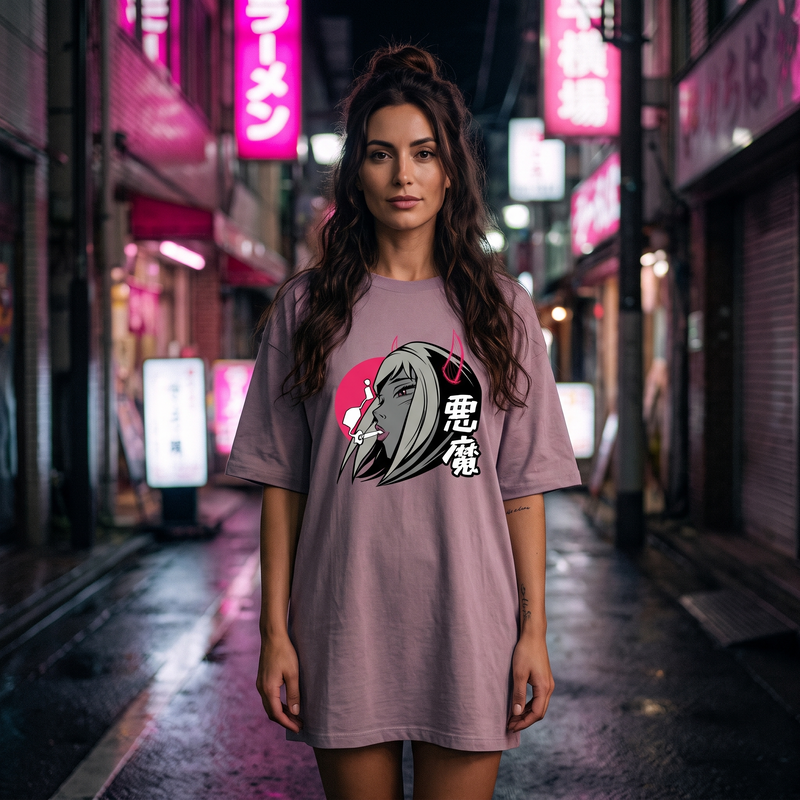 Robe t-shirt oversize lilas imprimé anime démone japonaise, ambiance néon dans une ruelle de Tokyo