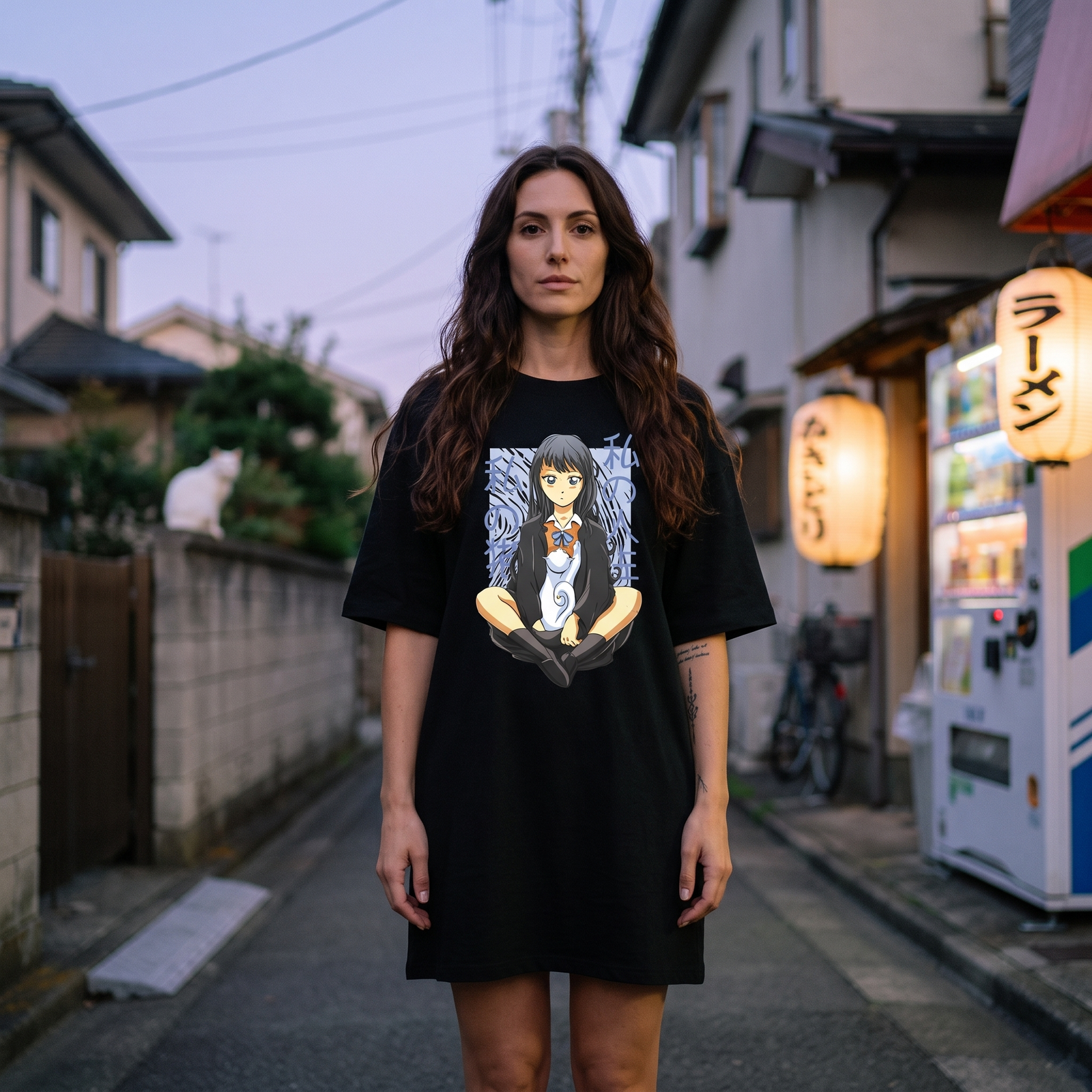 Robe t-shirt oversize noire anime fille et chat blanc, portée dans une rue japonaise au crépuscule