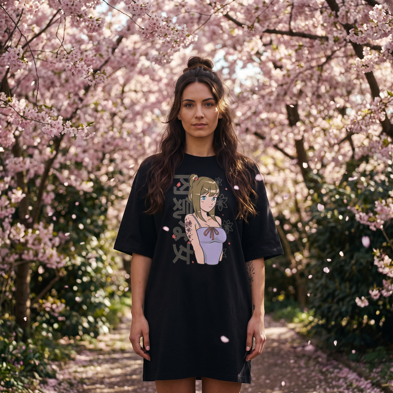 Robe t-shirt oversize noire imprimé anime fille japonaise, portée dans une allée de cerisiers en fleurs