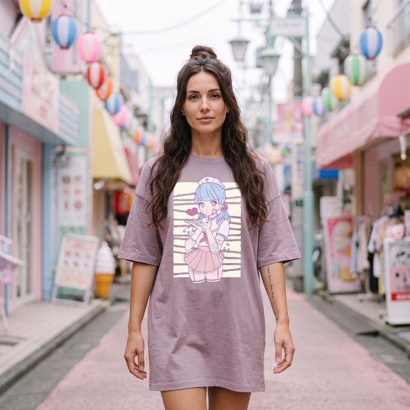 Robe t-shirt oversize lilas imprimé anime infirmière kawaii coeur brisé, style Harajuku pastel
