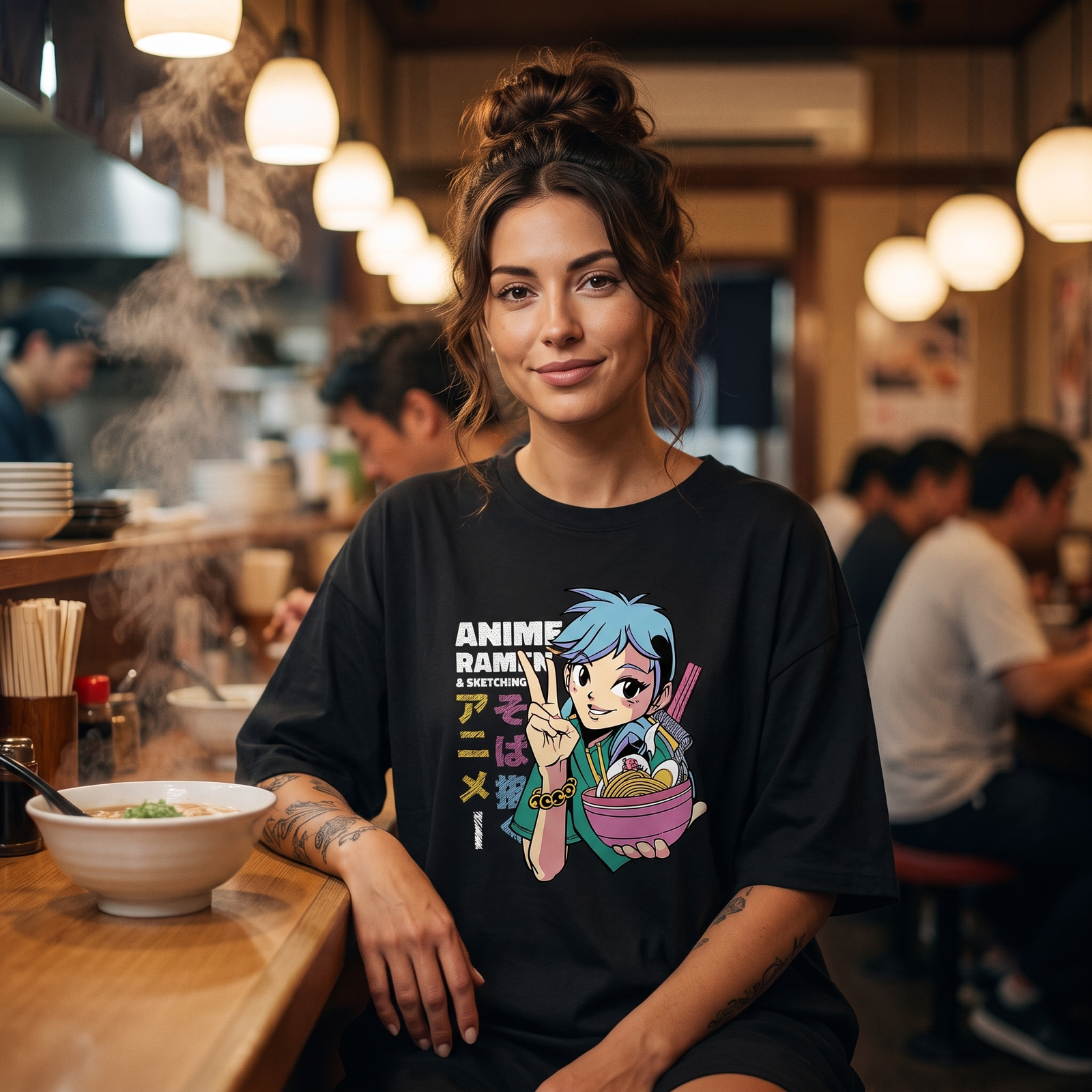 Robe t-shirt oversize noire imprimé anime ramen, portée au comptoir d'un restaurant japonais
