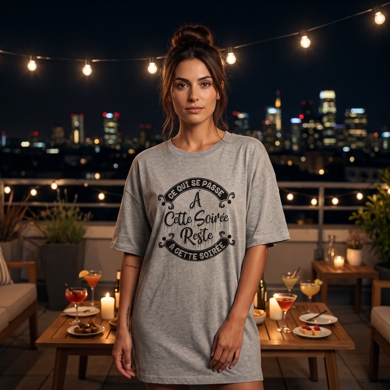 Femme portant la robe t-shirt oversize gris chiné CHT'M avec l'imprimé "Ce qui se passe à cette soirée reste à cette soirée" sur une terrasse en soirée