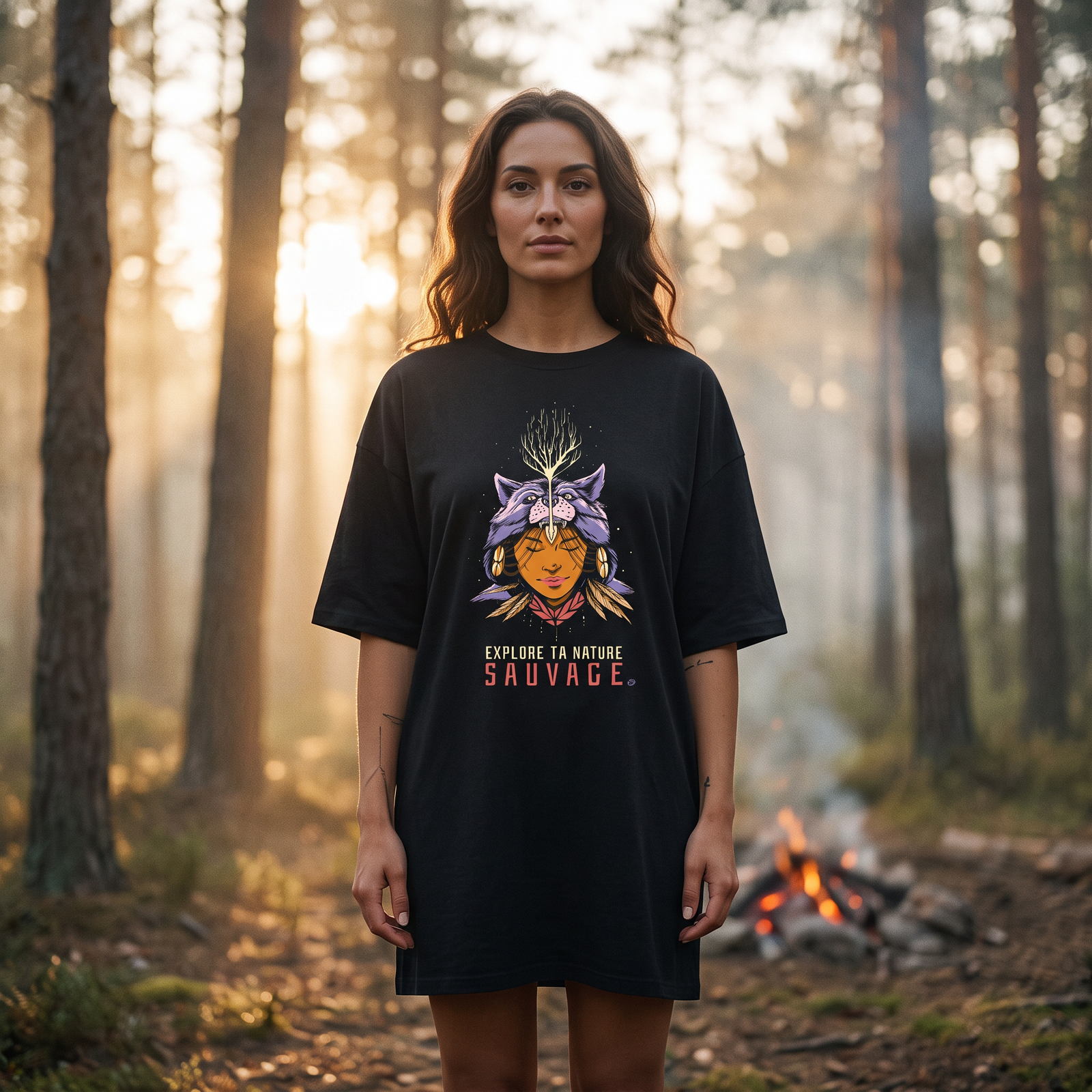 Robe t-shirt oversize noire Chamane esprit animal loup portée dans une forêt brumeuse au soleil couchant près d'un feu de camp
