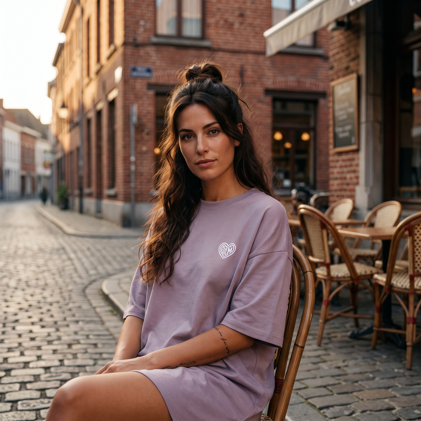 Robe t-shirt oversize lilas avec petit logo cœur CHT'M brodé, portée dans une rue pavée typique de Belgique