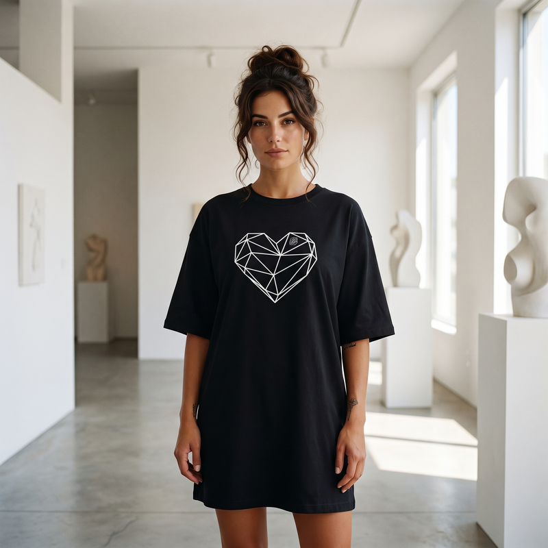 Femme portant la robe t-shirt oversize noire imprimé coeur géométrique minimaliste dans une galerie d'art moderne