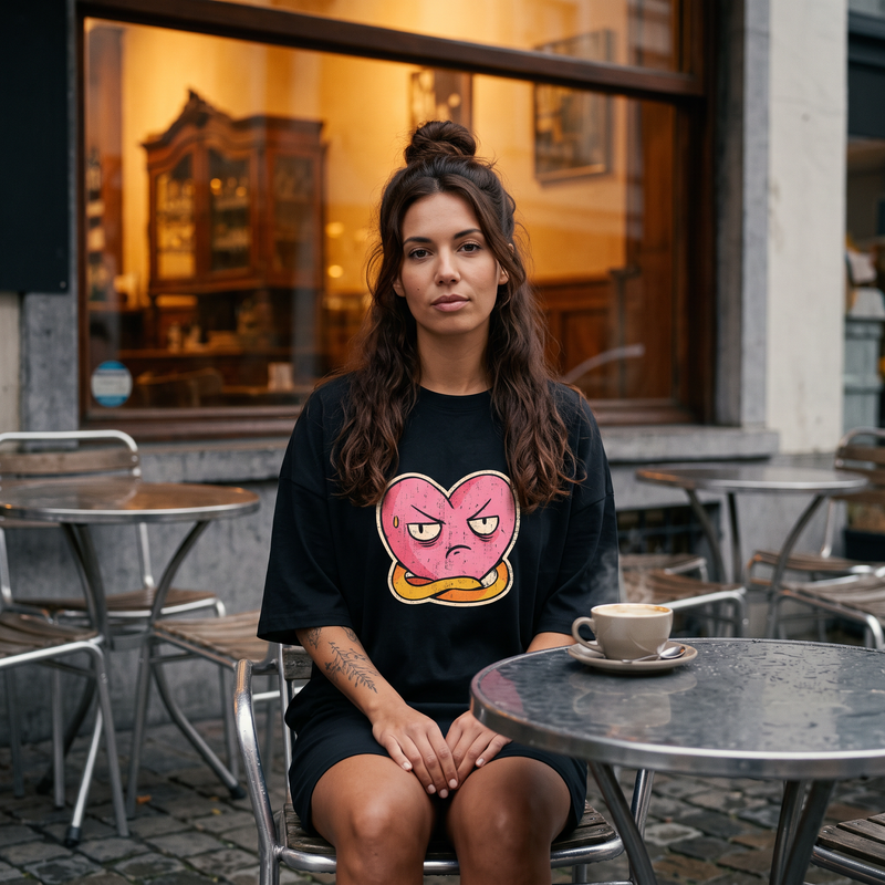 Robe t-shirt oversize noire avec cœur grincheux illustré, portée en terrasse d'un café belge par une matinée maussade