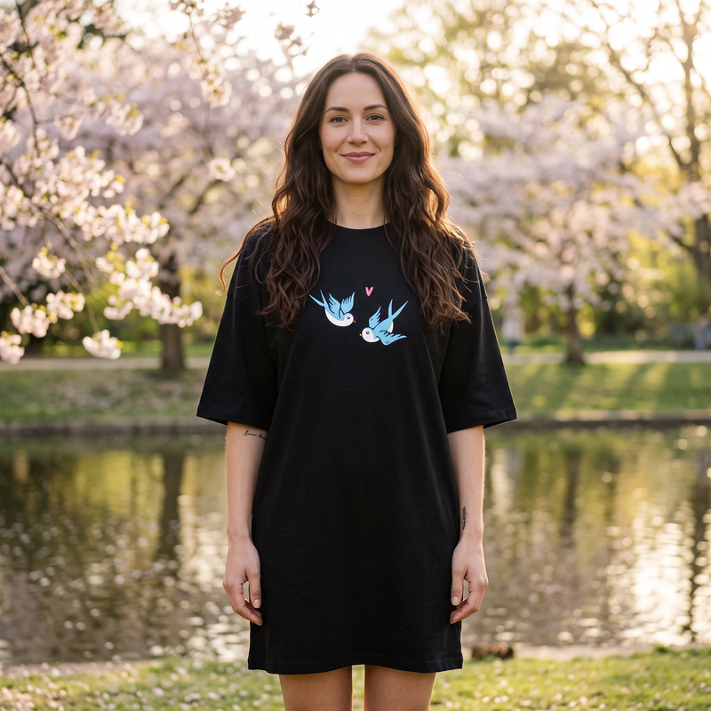 Robe t-shirt oversize noire aux hirondelles amoureuses et petit cœur, portée dans un parc fleuri au printemps