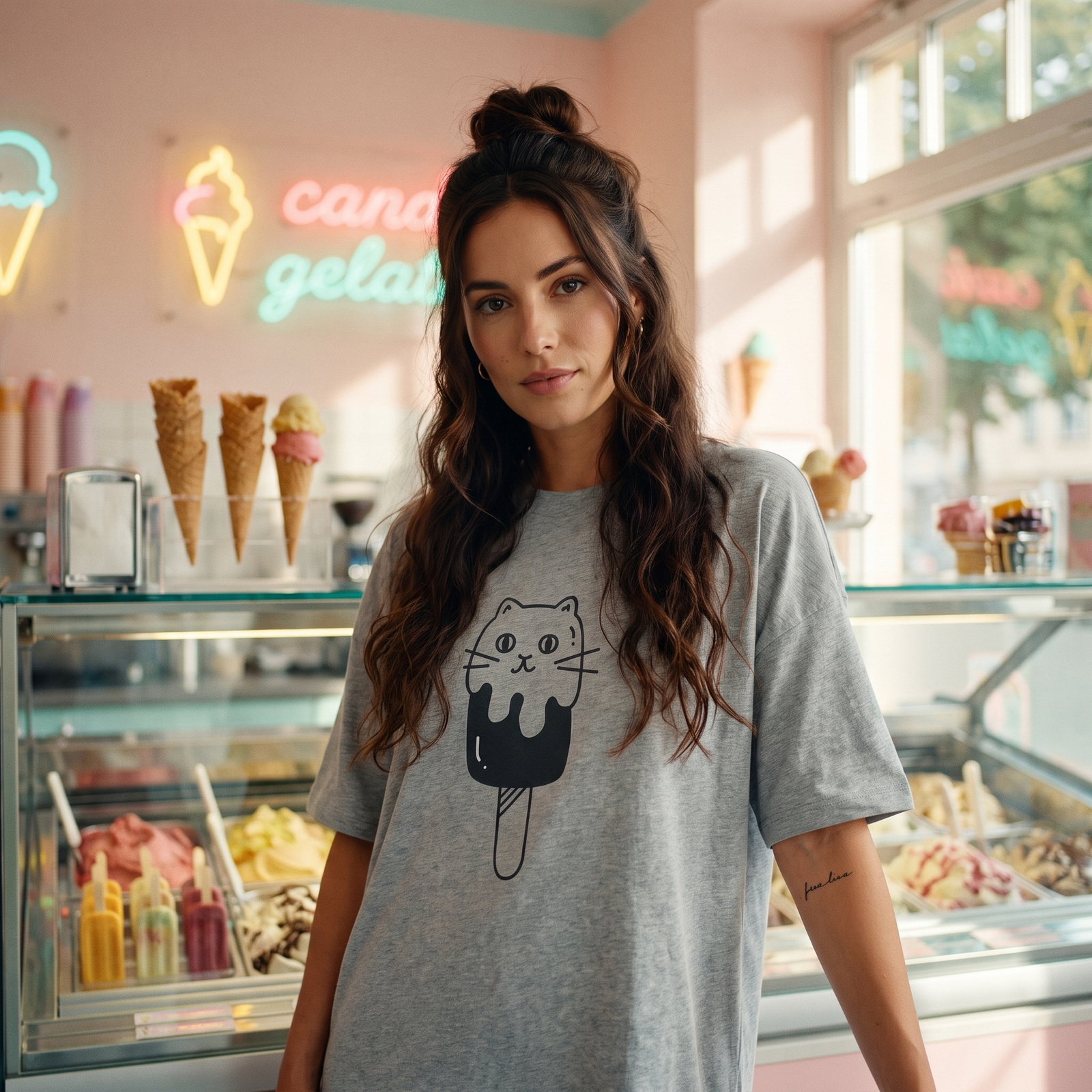 Femme portant la robe t-shirt oversize gris chiné CHT'M avec illustration ICE CAT en line art noir, dans un décor de glacier vintage pastel