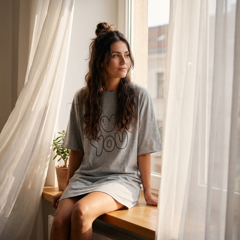 Robe t-shirt oversize grise avec message brodé façon dessin "I love you" et petit cœur, portée dans un intérieur cosy baigné de lumière du matin