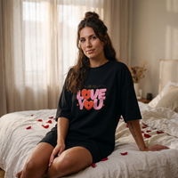 Robe t-shirt oversize noire avec inscription colorée "let me love you" et petits cœurs, portée dans une chambre romantique baignée de lumière douce