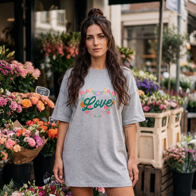 Robe t-shirt oversize grise avec cœur floral et le mot "Love" en écriture cursive, portée devant un étal de fleuriste coloré