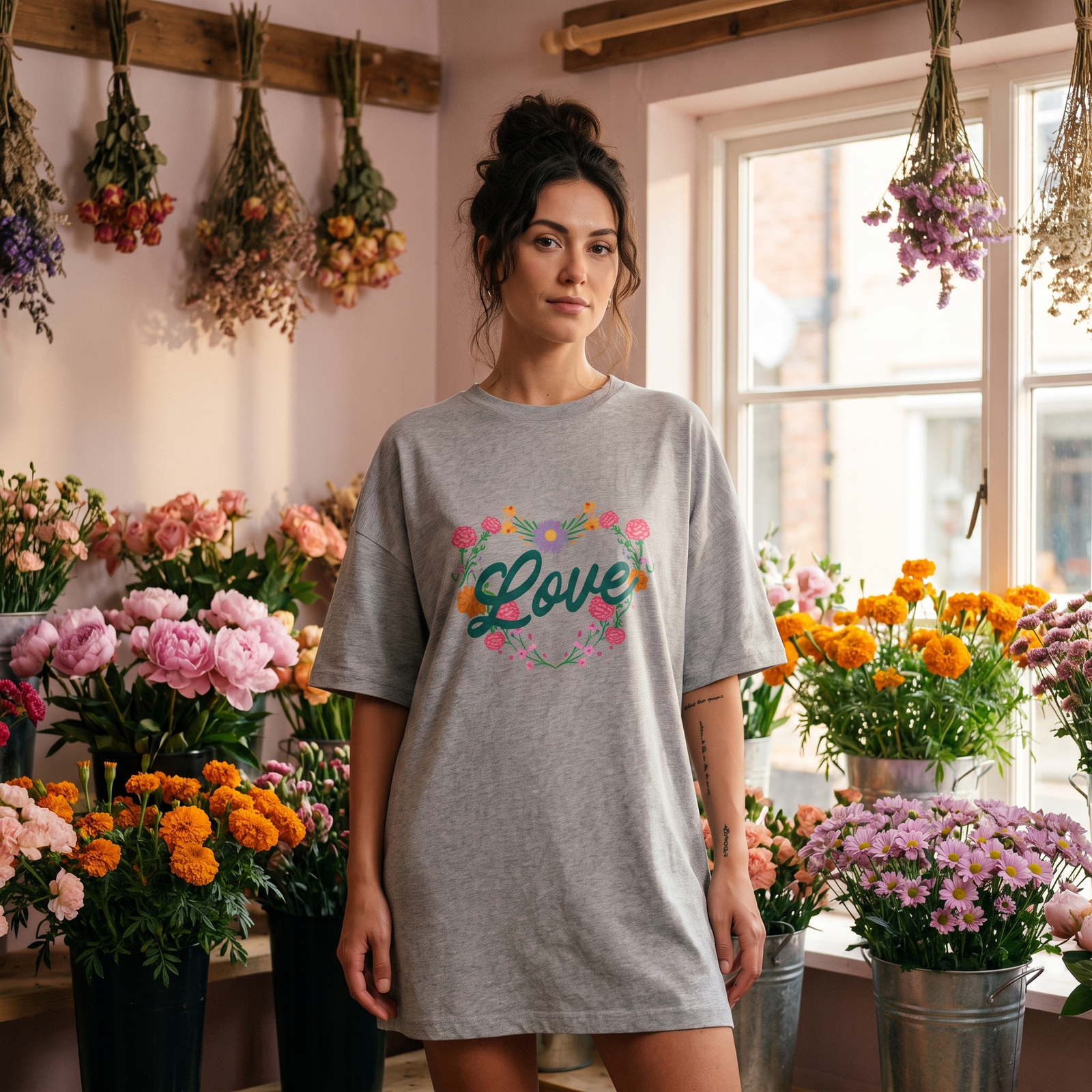 Femme portant la robe t-shirt oversize gris chiné CHT'M avec motif cœur floral et inscription Love, dans une boutique de fleuriste romantique