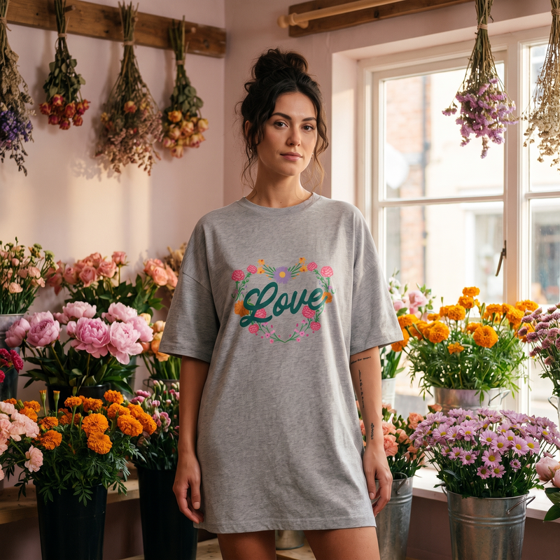 Femme portant la robe t-shirt oversize gris chiné CHT'M avec motif cœur floral et inscription Love, dans une boutique de fleuriste romantique