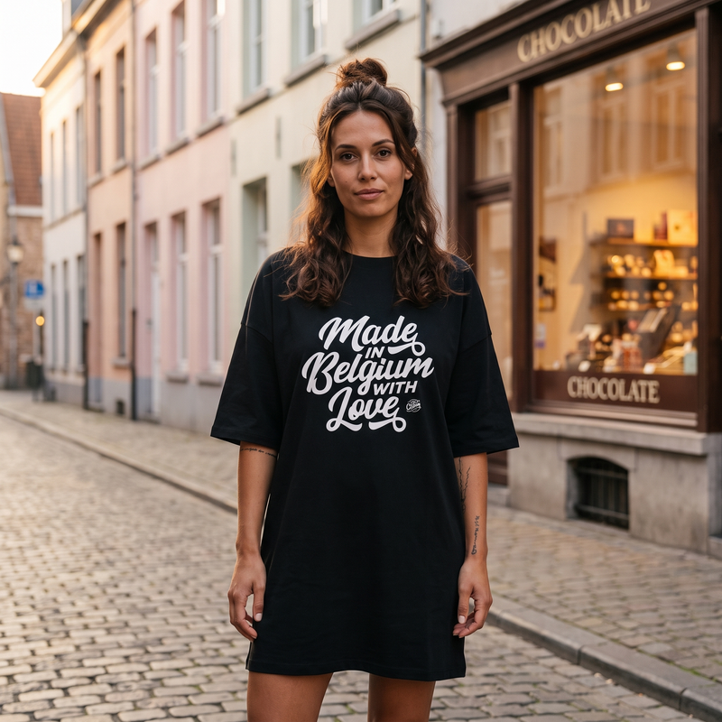 Femme portant la robe t-shirt oversize noire imprimé Made in Belgium with Love dans une rue pavée belge
