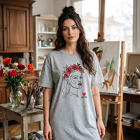 Femme portant la robe t-shirt oversize gris chiné CHT'M avec l'illustration portrait femme couronne de fleurs en line art dans un atelier d'artiste