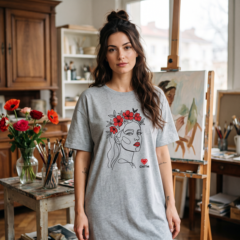 Femme portant la robe t-shirt oversize gris chiné CHT'M avec l'illustration portrait femme couronne de fleurs en line art dans un atelier d'artiste
