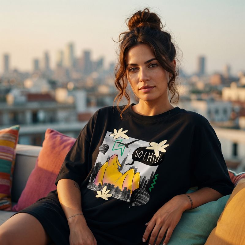 Robe t-shirt oversize noire avec collage urbain "so chill" et skyline new-yorkaise, portée en terrasse au coucher du soleil